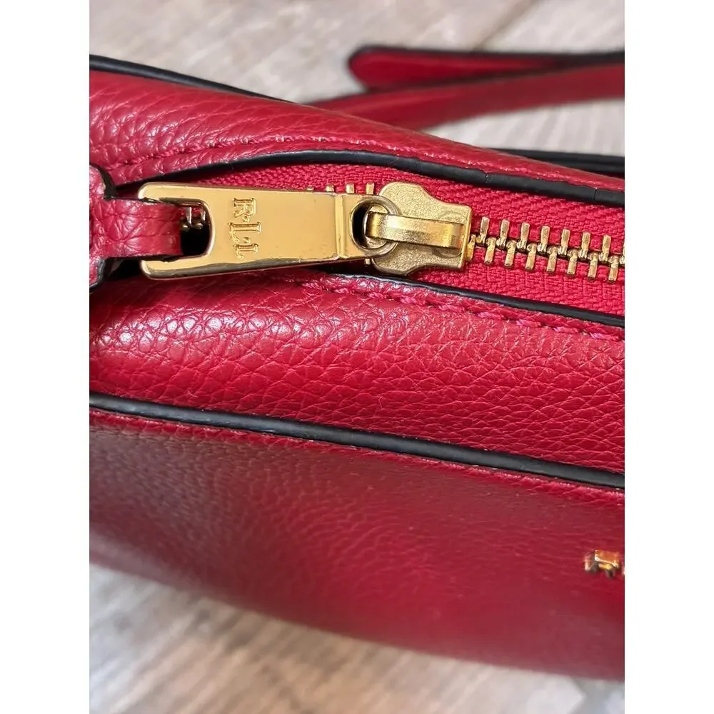 Lauren Ralph Lauren Red Pebbled Vegan Leather Camera Crossbody Purse Gold Logo